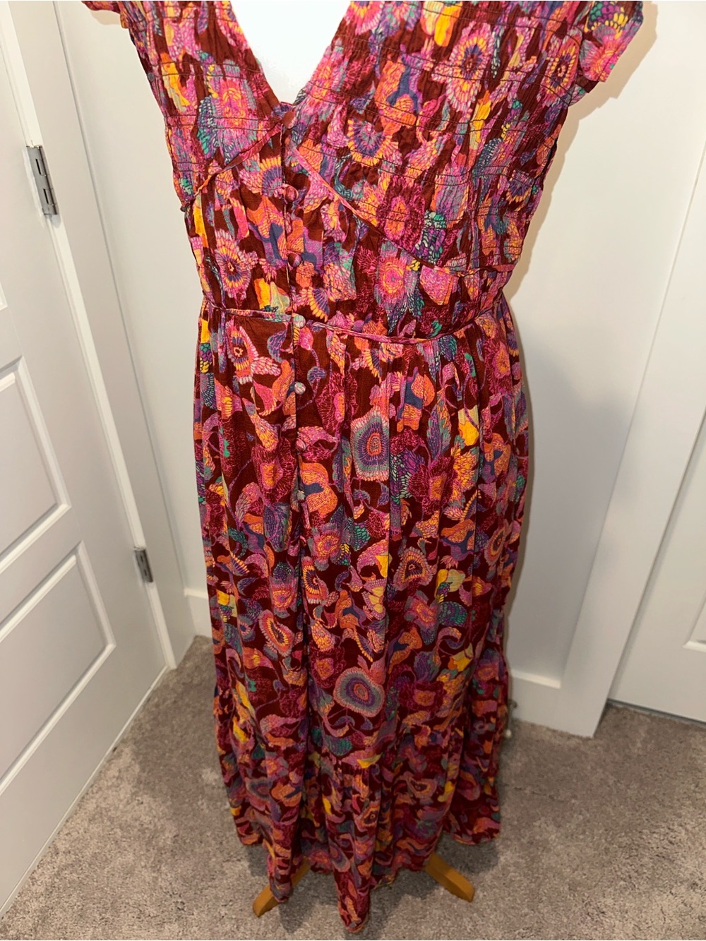 Anthropologie The Peregrine Smocked Floral V-Neck Ruffle Dress Wine Floral - Picture 7 of 13